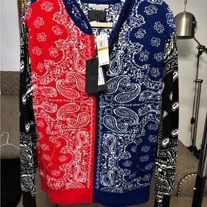 RtA Alika Bandana Red and Blue Zip Up Sweater with Paisley Print Size S